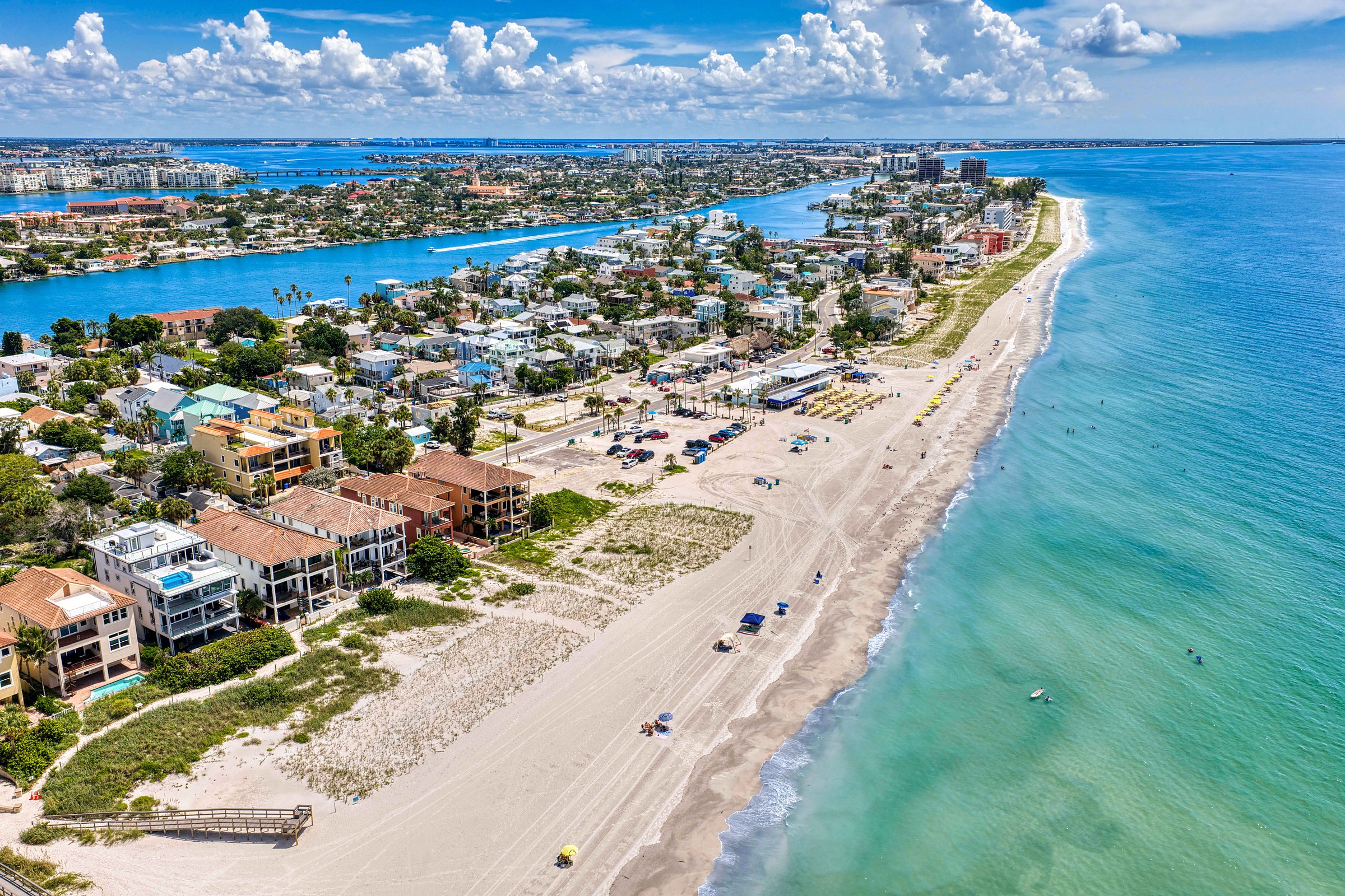 Aerial of Treasure Island, Florida with the Gulf beach and the Intracoastal