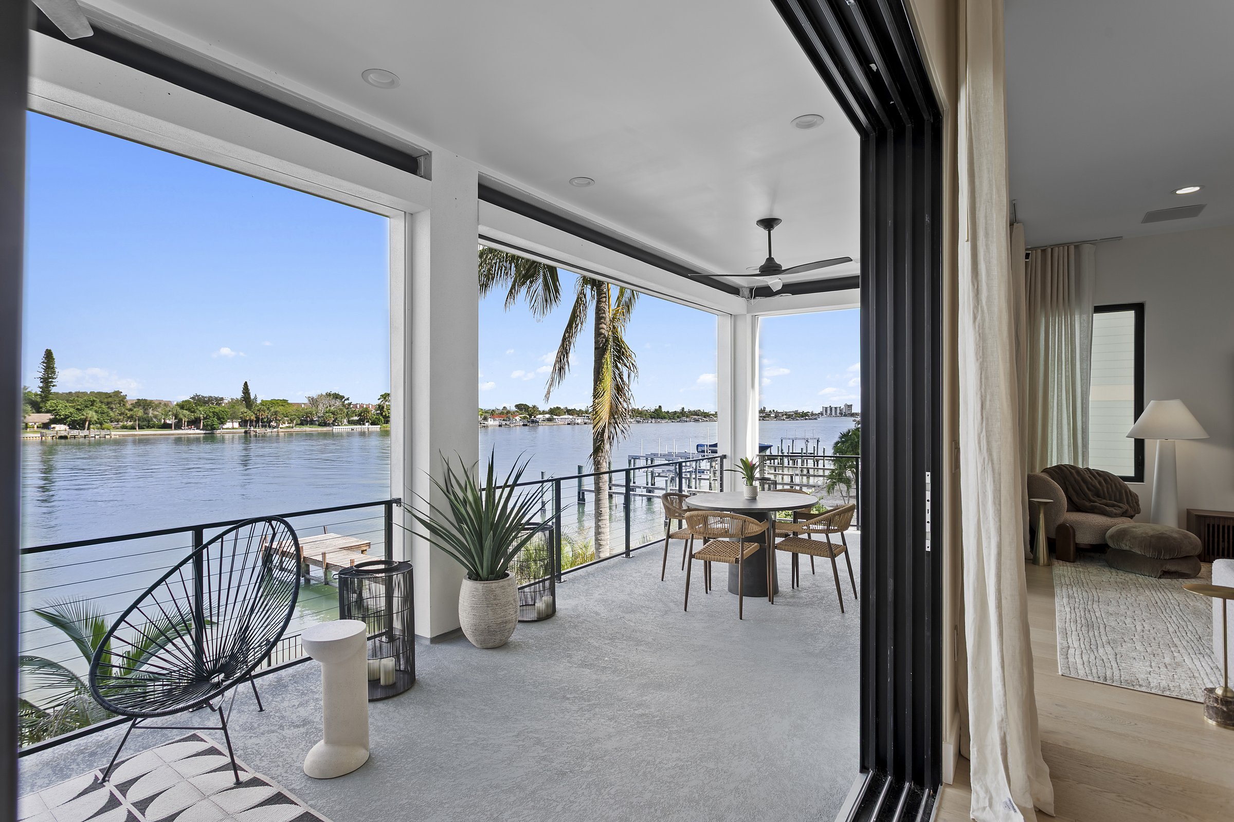 50-foot covered balcony facing the water