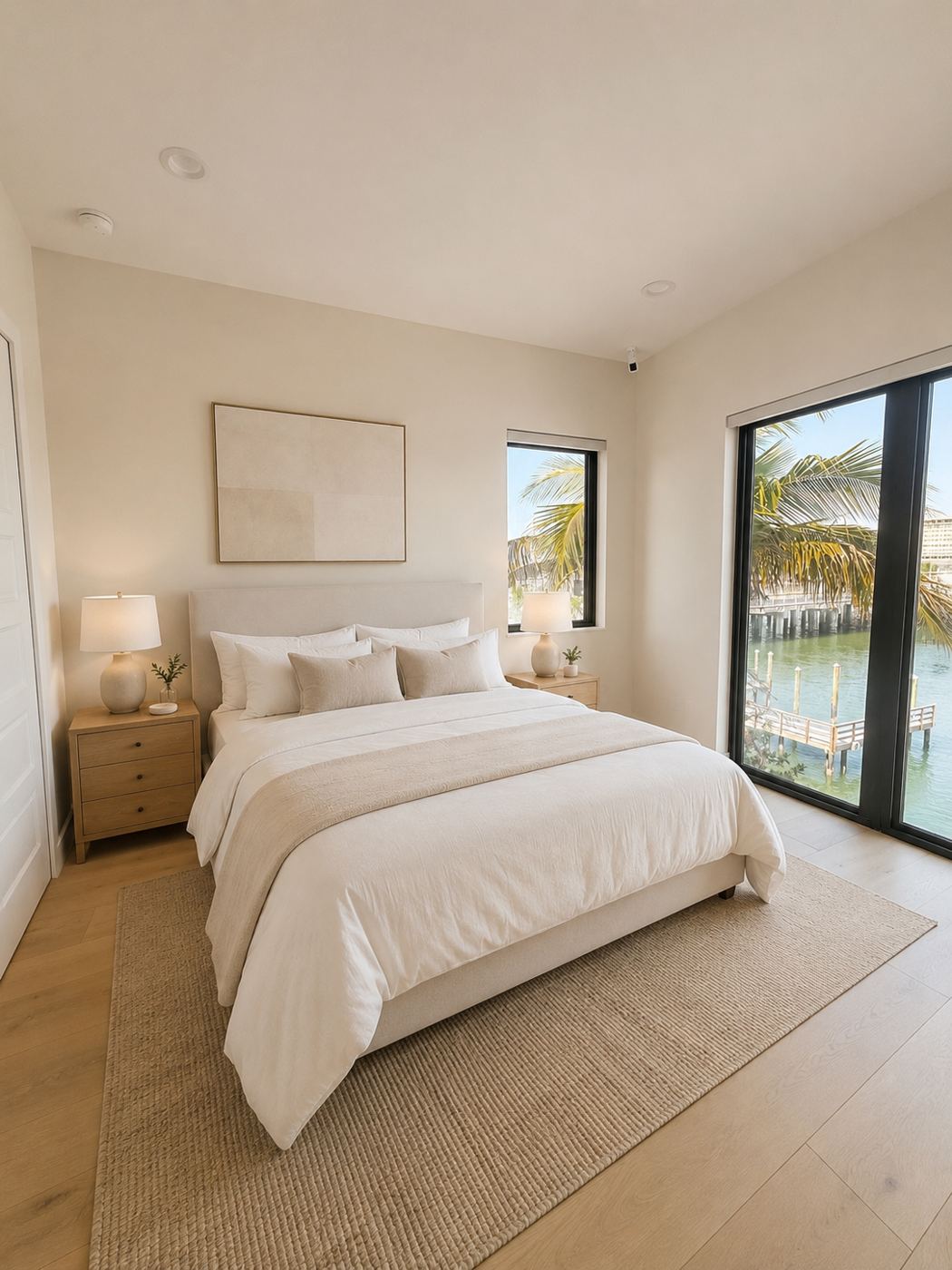 Bedroom with sliders looking over the dock
