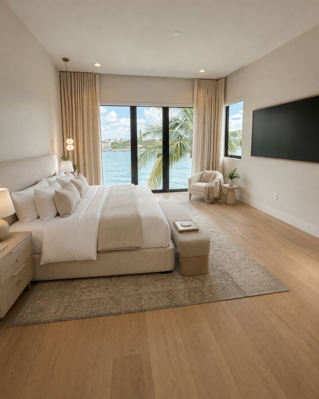 King bedroom with floor-to-ceiling water views
